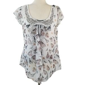 Live & Let Live White Tan Flutter Cap Sleeve Multi Bird   Top Sheer Over Tee M P